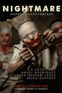 The cover of the February 2021 issue of Nightmare. Undead nurses menace the viewer with an antique medical apparatus.